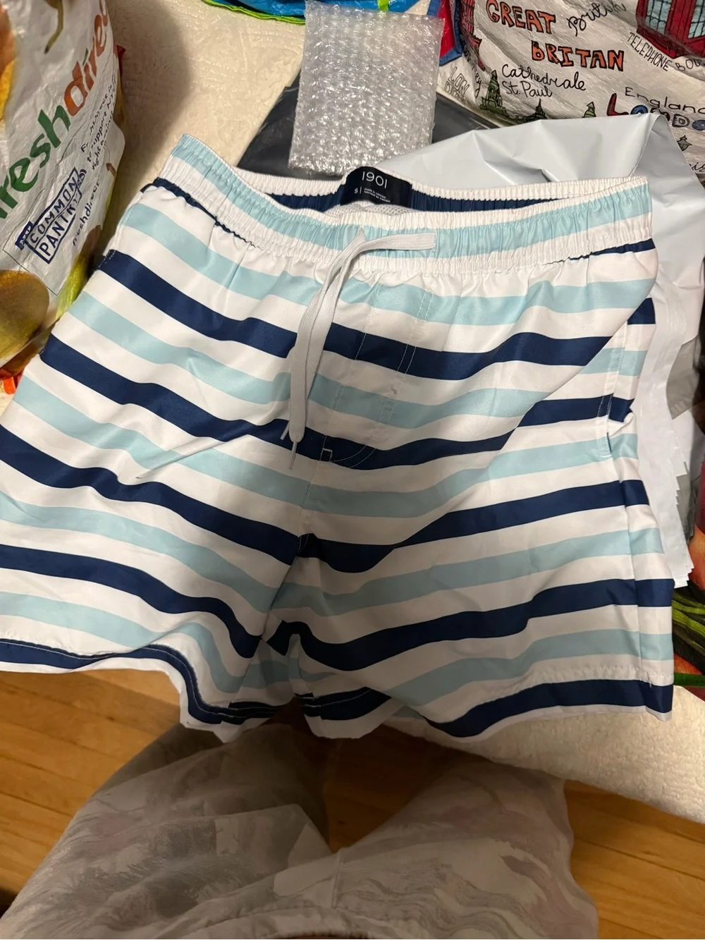 1901 Navy & Light Blue Striped Swim Shorts